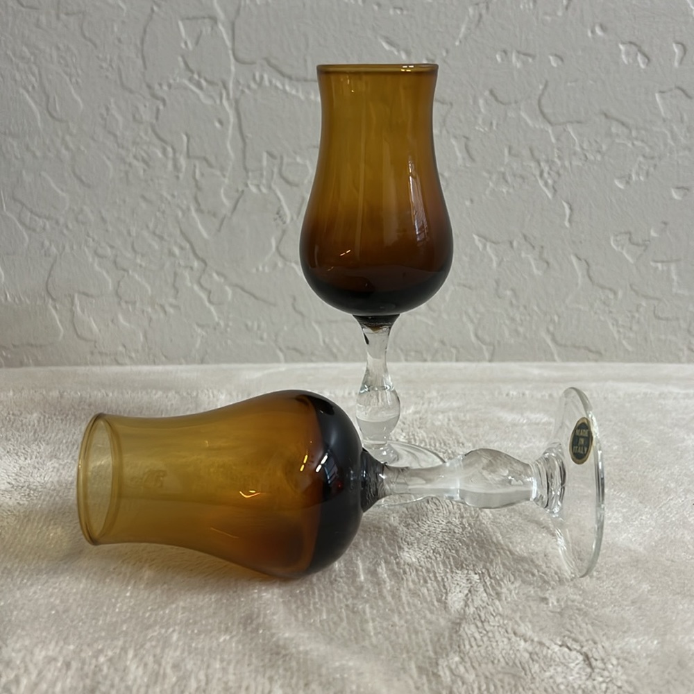Exquisite vintage cordial glasses. Amber glass/clear stem. Made in Italy. MCM